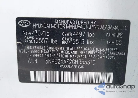 2016 Hyundai Sonata Se from USA, damaged, VIN 5NPE24AF2GH355310